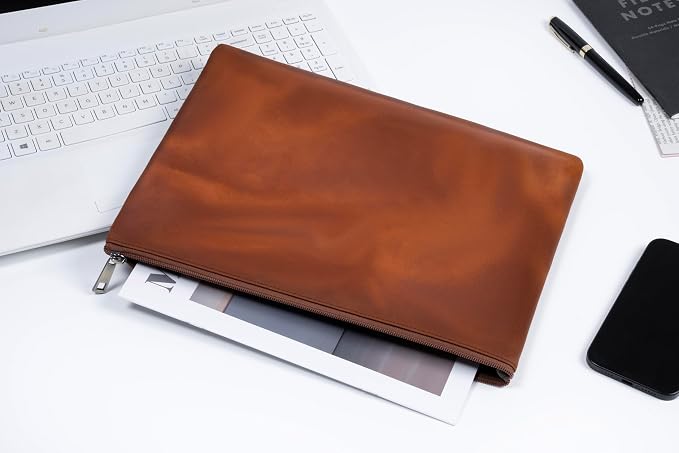 Genuine Leather A4 File Folder for Document, Leather File Folder Organizer Document Holder for Men&Women, Waterproof Portfolio Envelope Folder Case
