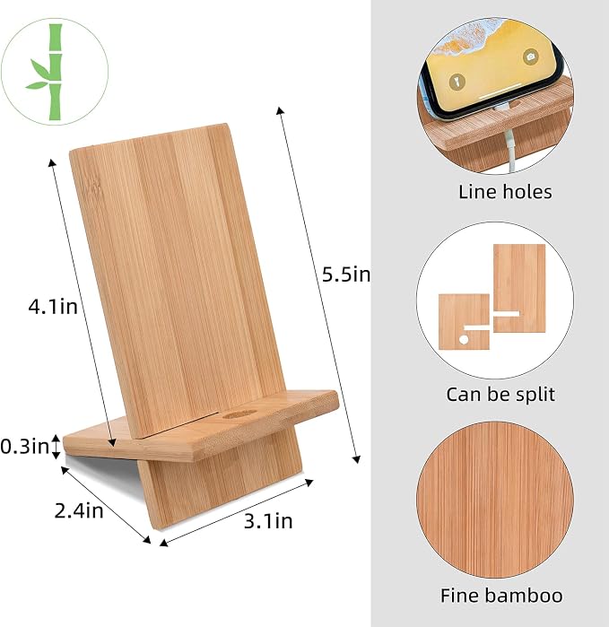 Mobile Stand Japanese Style Cellphone Holder Desktop Organizer Charging Station Compatible with All Smartphones Tablets Natural Bamboo Wood Portable Adjustable Angle (Plain-Hole)