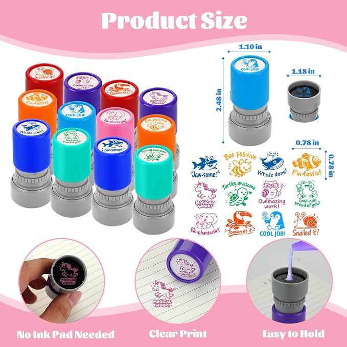 12Pcs Animal Teacher Stamps for Classroom, Teacher Appreciation Gifts, Self Inking Grading Stamps Set | Motivational Student Reward Stamps with Bees Sharks Owls, Classroom Essentials for Elementary