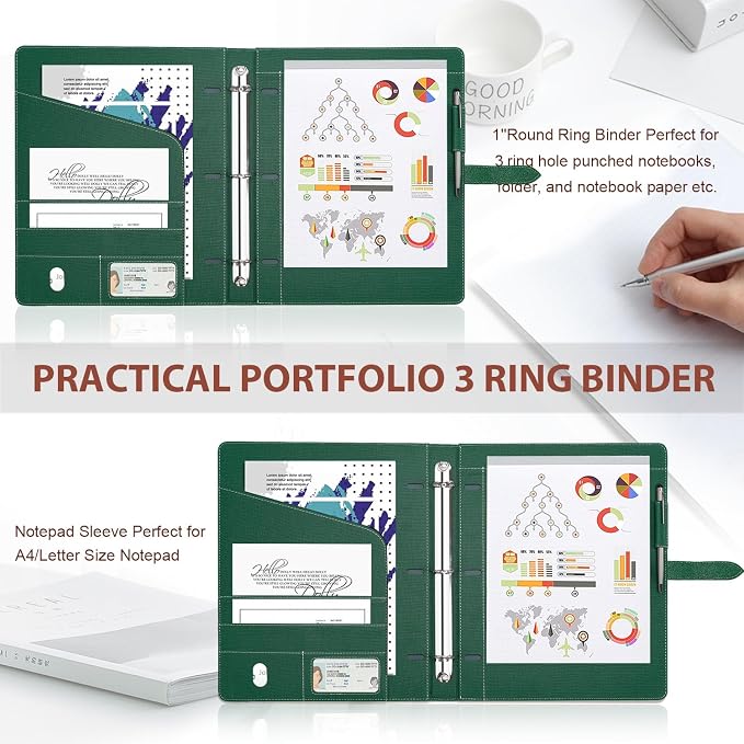 Toplive Padfolio 3 Ring Binder Organizer Business Portfolio Folder for Women, A4/ Letter Size PU Leather Portfolio Padfolio for Interview Conference Presentation, Dark Green