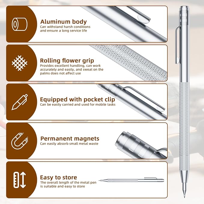 GCHMDE 2-Pack Tungsten Carbide Scriber, Metal Scribe Tool with 25 Replacement Marking Tips & Steel Ruler - Knurled Aluminum Handle & Magnet, Engraving Pen for Glass/Ceramics/Metal Sheet (2)