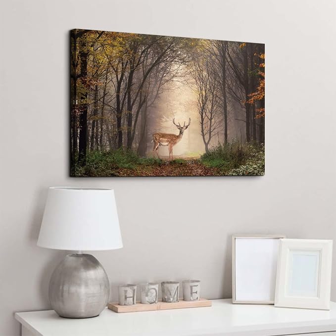 Wild Animal Landscape Canvas Wall Art Deer in Autumn Foggy Forest Picture Wall Decor Elk Wildlife Scenery Photo Prints Painting Decoration for Modern Living Room Bedroom Bathroom Home Art 16x24 Inch