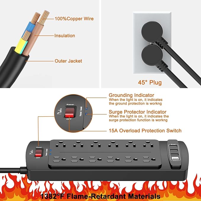 Surge Protector Power Strip, Nuetsa 12 Outlets and 4 USB Ports, 6 Feet Extension Cord for Home, Office, Dorm Essentials, 2700 Joules, ETL Listed, Black