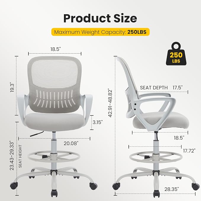 Sweetcrispy Tall Drafting Desk Chair - Ergonomic High Stool Computer with Adjustable Height and Comfy Lumbar Support, Office Rolling Counter with Flixed Arms and Footrest, Grey