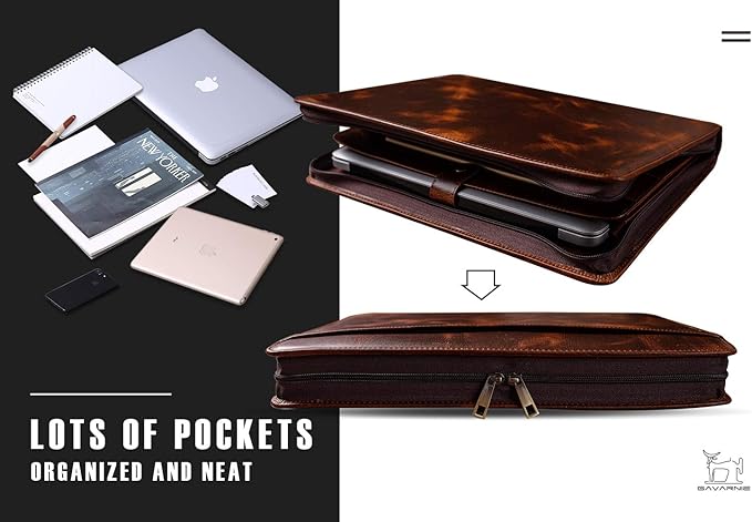 Genuine Leather Business Portfolio Padfolio Folder with Zipper for Men, Men's Leather Padfolio Folder for 13" Laptop, Business Portfolio for Letter Size Notepad, Graduation Gift，Oil Wax