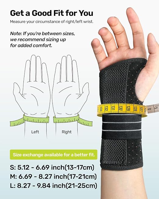 Rakiie Carpal Tunnel Wrist Brace, Adjustable Night Wrist Support with 3 Metal Splints, Hand Brace for Men Women No Pressure on Thumb, Splint Stabilizer for Work, Arthritis (Right Hand, Blue, Large)