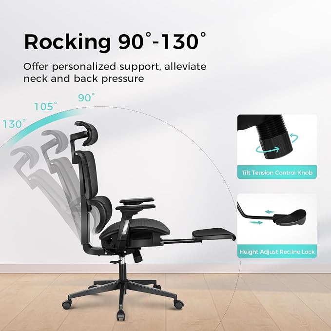 ALPHA HOME Ergonomic Office Chair, High Back Mesh Computer Chair, Footrest | Black Task Chair with Lumbar Support, Adjustable Height&Headrest&Flip-Up Armrest, 360° Swivel Wheels, SGS Certified