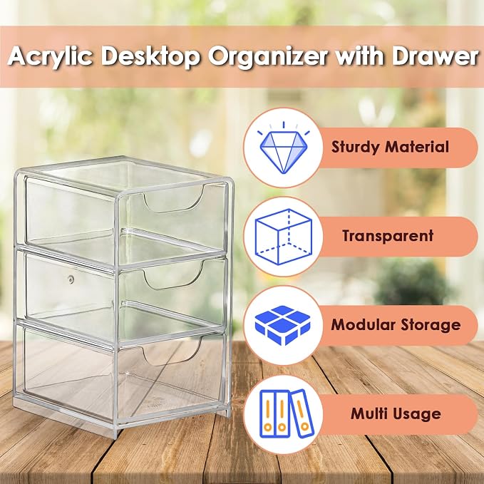 BTSKY 1 Pack Small Acrylic Storage Organizer with Drawers, 3-Layer | Clear Desktop Organizer for Office Supplies Mini Storage Box with Drawers for Desk, Desktop Makeup Drawer Jewelry Storage Box