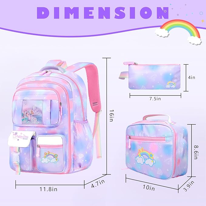 3PCS SET kids backpacks for girls, bookbag for girls backpack with lunch box Pencil Pouch Set back to school supplies for Kid, school backpack for girl Elementary School Student(PURPLE)
