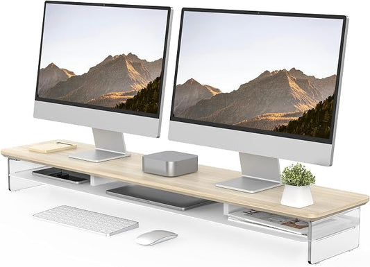 Fenge 42.5" Dual Monitor Stand with Clear Acrylic Legs, Oak | Clear Acrylic, Storage Compartment, 2-tier Home Office Monitor Riser, Wide Large Desktop Shelf Fit Monitor/Laptop/Printer