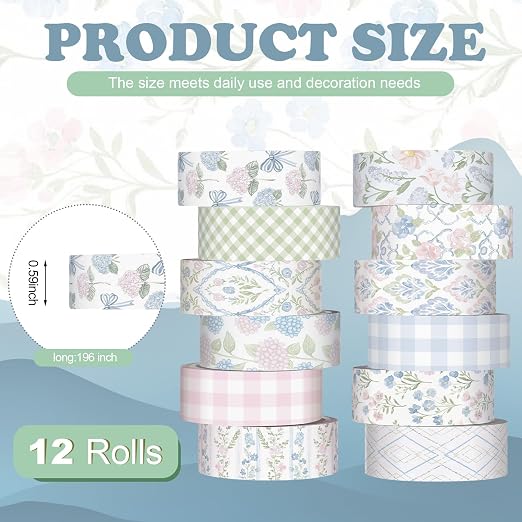 12 Rolls Watercolor Floral Washi Tape Set 15 mm Vintage Flower Decorative Masking Tape for Summer School Arts DIY Craft Scrapbook Journal Supplies Gifts(Pink and Blue,Flowers)