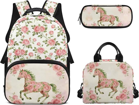 Horse Rose Bookbag Kids 3 in 1 School Backpack with Lunch Bag Pencil Bag Set for Girls Lightweight Elementary Middle School Bags