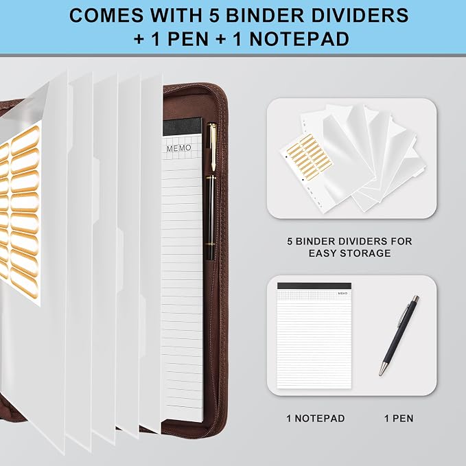Eshow Portfolio Organizer - 3 Ring Binder with Zipper, Vegan Leather Business Padfolio Folder with Notepad Includes 5 Clear Sheet Protectors for Documents Files for Men Women