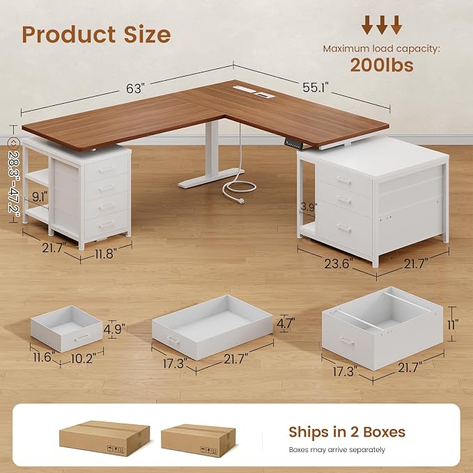 SEDETA 63" L Shaped Electric Standing Desk, Height Adjustable Corner Desk with 7 Fabric Storage Drawers & Power Outlet, 3 Memory Heights, 200lbs Capacity for Home Office Gaming, White + Brown