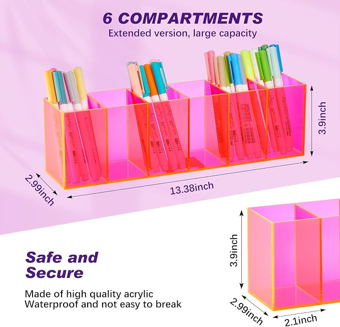 2 Pack Acrylic Makeup Brush Holder 6 Compartments Pencil Organizer Cup Pencil Holder for Desk Pen Organizer Storage Box for Accessories Cosmetic Brushes Office Bathroom Kitchen Supply (Pink)