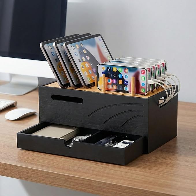 Homde Office Charging Station Organizer: 2 Layer Charger Holder (Black) | Bamboo Electronic Docking Stand for Multiple Devices Tablets Phones - Drawer for Home