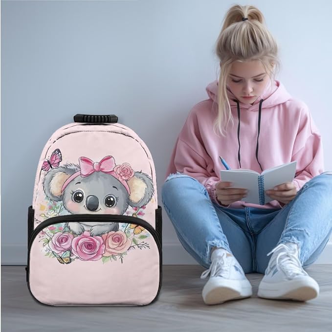 Ystardream Sweet Koala School Bag for Girls Cute Cartoon Backpack with Lunch Box Pencil Case Water Bottle Sleeve 4 in 1 Set for Elementary School Students Back Packs with Side Pockets,17 Inch