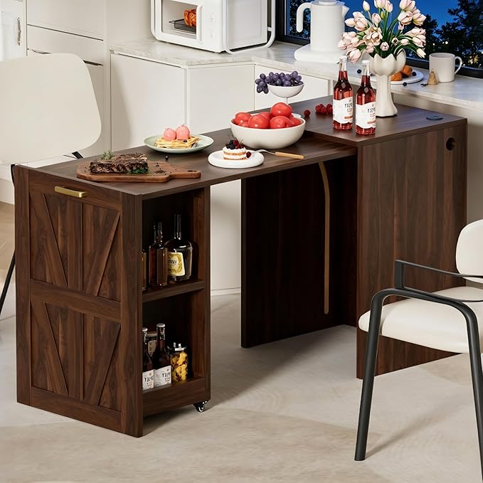 Folding Desk with Storage and Charging Station, Pull-Out Desk Cabinet with Spacious Desktop, Foldable Computer Table for Small Space, Walnut
