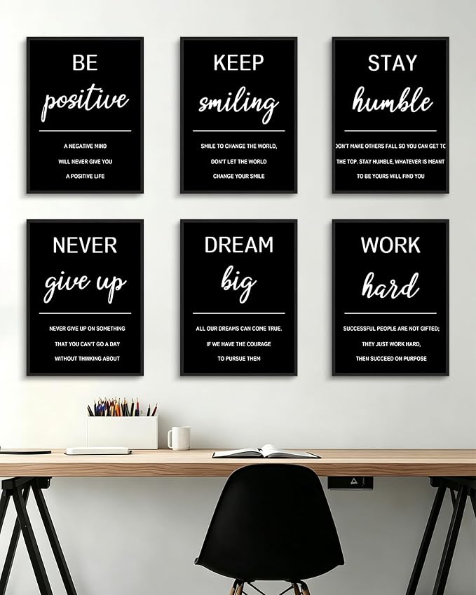 KUVIOKE Inspirational Framed Wall Art Motivational Quotes Wall Decor Encouraging Office Posters Sayings for Classroom Bedroom Living Room Ready to Hang Set of 6, 11x14in (Black Framed)