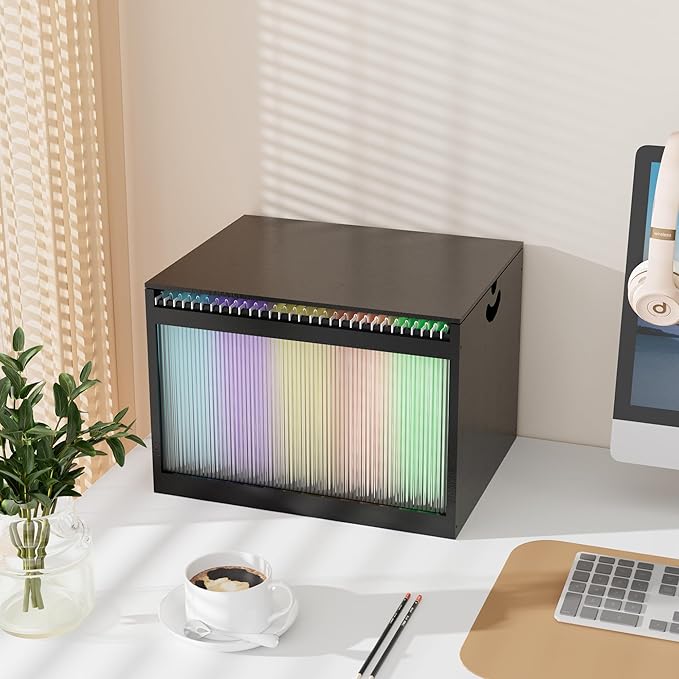 Bamboo Hanging File Organizer, Desktop File Box with Lids, 1 Pack, Black | Removable Lid, Clear Acrylic Side Panels, 2 Hanging Folders Included, Helps Reduce Dust, Letter & Legal Size, Easy Assembly