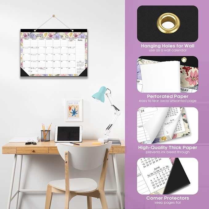 Desk Calendar 2026, 18 Months Calendar Runs from January 2026 to June 2027 - Large 17" x 12" Desktop/Wall Monthly Calendar for Home School, or Office - Vintage Floral