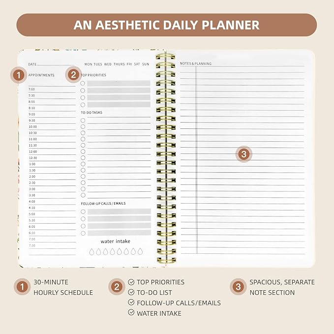 Undated Daily Planner - Spiral Notebook 80 Days One Day Per Page, Hourly Schedule, To-Do List, Notes, Everyday Planning Task, A5 Hardcover Journal Organizer Book Women Cute Aesthetic, Floral