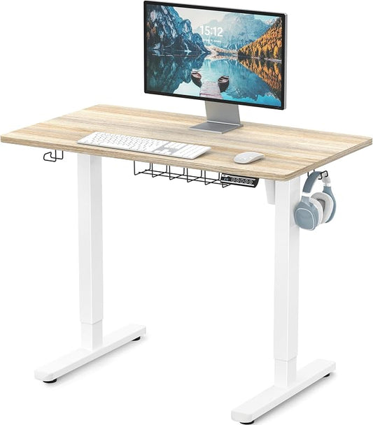 SHW 40 x 22 Inches Electric Height Adjustable Sit to Stand Desk with Hanging Hooks and Cable Management, White Frame and Maple Top