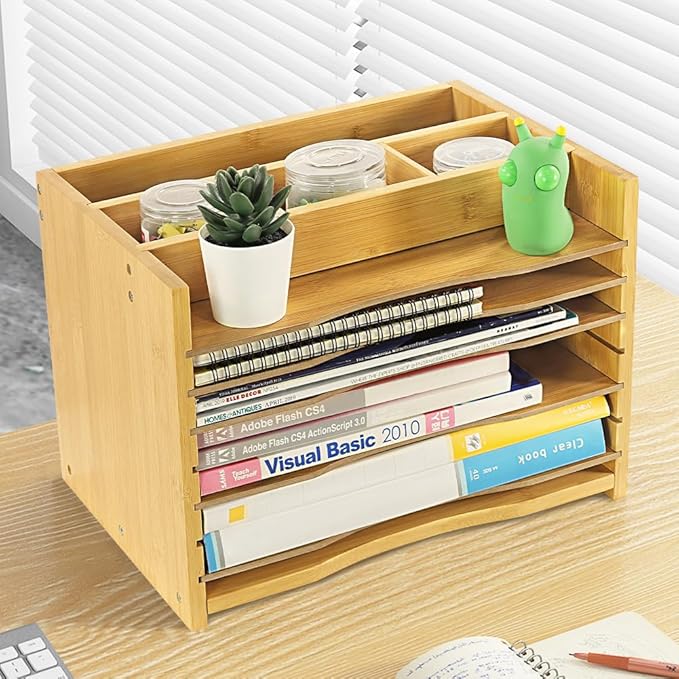 5-Tiers Bamboo File Organizer Paper Organizer Mail Sorter Document Letter Trays Desk Organizer with 4 Dividers for Office Home Study Desk Storage (Natural Color)