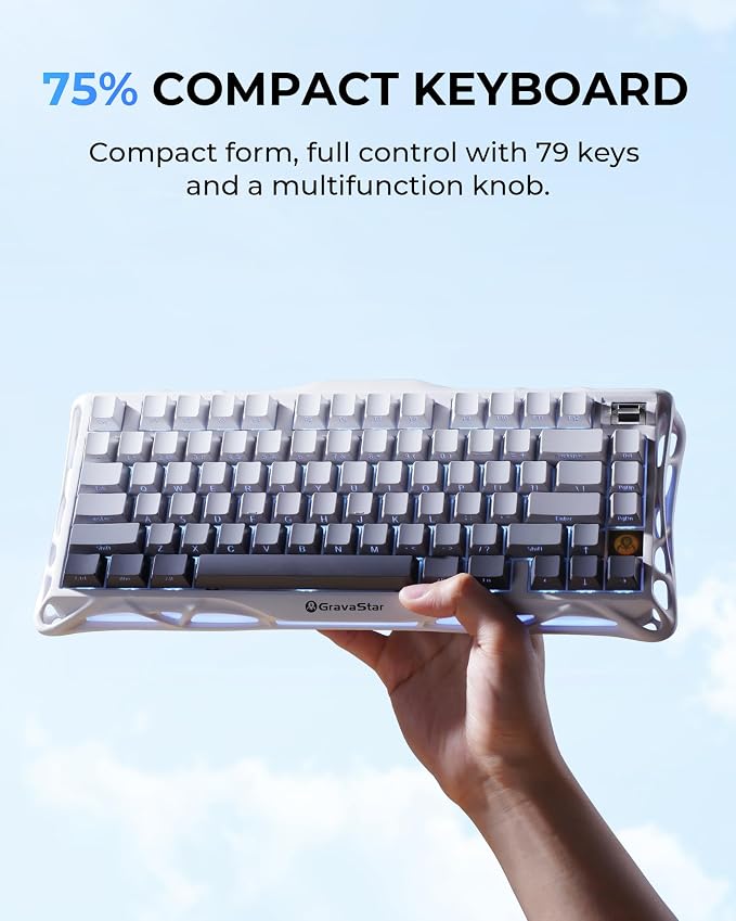 GravaStar Mercury K1 75% Wireless Mechanical Gaming Keyboard, Aluminum Alloy Exoskeleton Design, Gasket Custom Keyboard Hot-Swap Socket, Linear Switches, RGB Backlit【Gradient White】