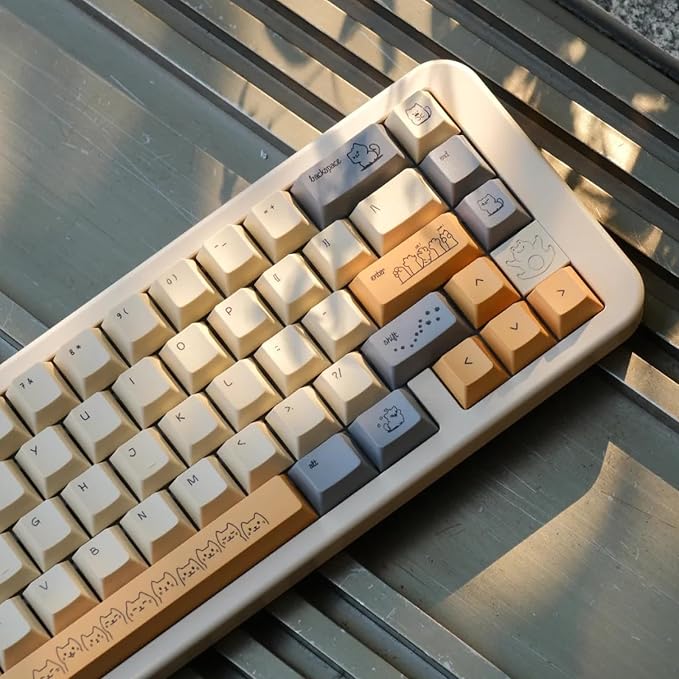 PBT Cute Cat Keycaps, 143 Keys Custom Cherry Profile Keycap, Yellow Dye-Sublimation Keyboard Caps for Cherry MX Switches Mechanical Gaming Keyboard