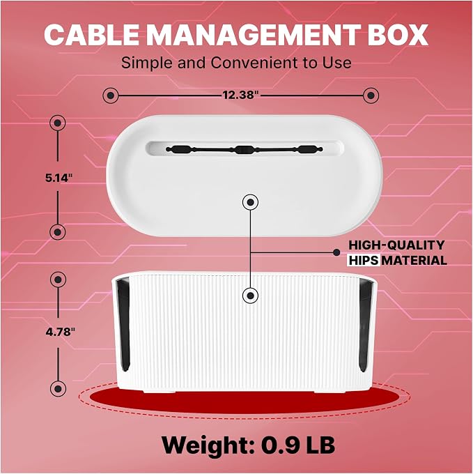 Cable Management Box, White Cord Organizer Box with Lid, 12.4 x 5.1 x 4.8 in, Includes 5 Reusable Cable Ties and 4 Anti-Slip Pads, Cable Hider for Desk, TV Stand, Office