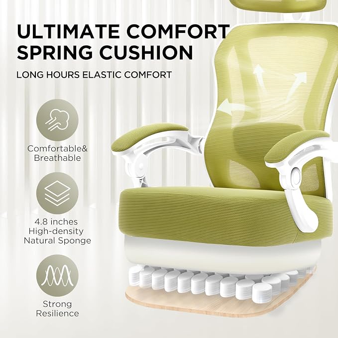 Ergonomic Office Chair with Footrest,Ultra Thick Desk Chair,Green | 150°Reclining,Mesh High Back,Adjustable 2D Lumbar Support and Headrest,4.8" Spring Cushion,Premium Computer Chair for Adults