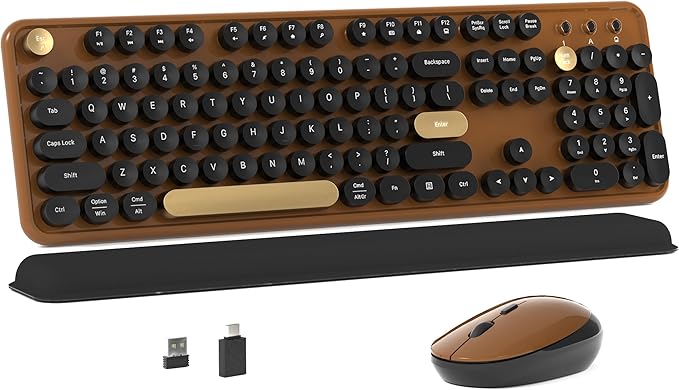 MPTOG Colorful Wireless Computer Keyboard and Mouse Combo with Round Typewriter Keycaps, Retro Design, Power Switch, Ergonomic Design, 2.4GHz Wireless for Windows, Mac, PC(Black-Brown)