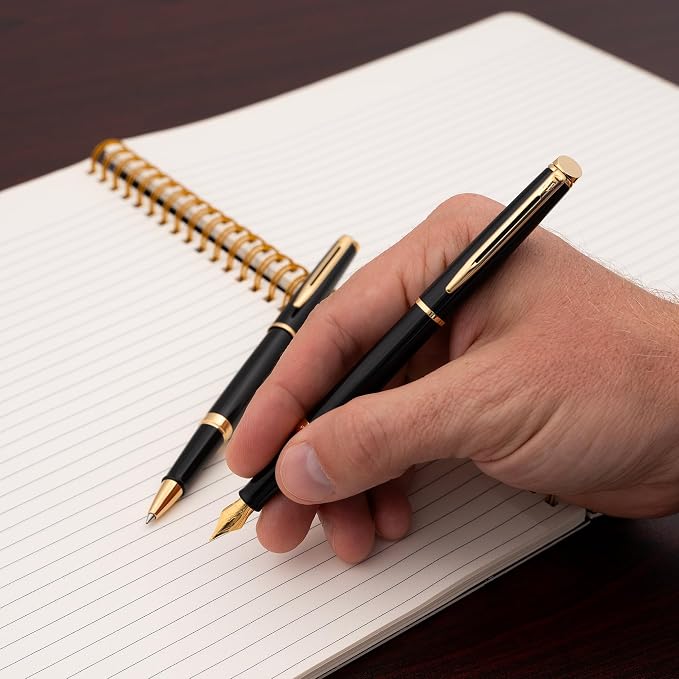 Waterman Hemisphere Engraved Fountain and Rollerball Pen Set, Black Lacquer with 23K Gold, Matching Engraving on Both Caps, Mysterious Blue Ink, Gift for Retirement, Board Members, Career Advancement