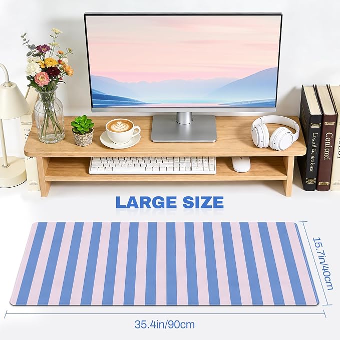 Leather Desk Pad Protector, Striped Mouse Pad, Blue Pink Office Desk Mat, Non-Slip PU Leather Desk Blotter,Laptop Desktop Pad Waterproof Desk Writing Pad for Office Home