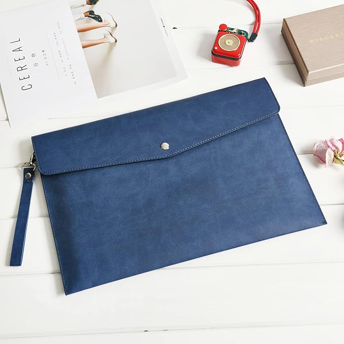 Wonderpool A4 PU Leather Envelope Documents File Portfolio Multifunction Folders Travel Bag for Paper Letter Stationery Organizer and Tablet Case PC Sleeve (Dark Blue)