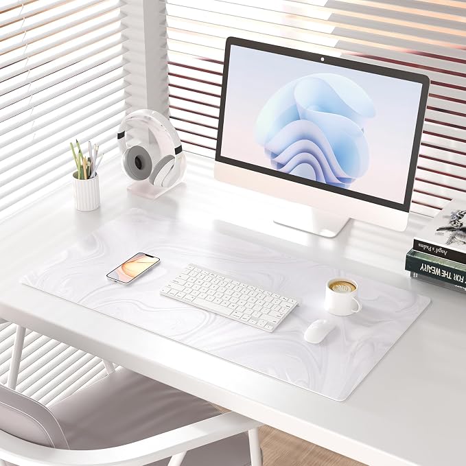 Colorful Star White Marble Large Mouse Pad, Waterproof Office Desk Mat, Non-Slip Computer Gaming Mouse Pad, XXL PC Laptop Protector Pads, PU Leather Desk Writing Pads for Office Home, 31.5" x 15.7"
