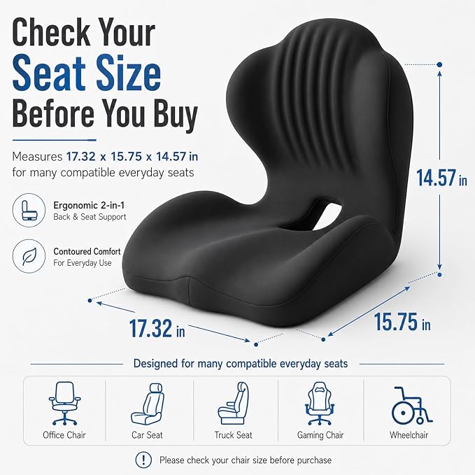 2-in-1 Ergonomic Seat Cushion with Lumbar Support, L-Shaped Memory Foam Chair Cushion with Hollow Center, Five-Zone Sitting Support for Office Chair, Car, Truck, Gaming, Wheelchair, Long Sitting