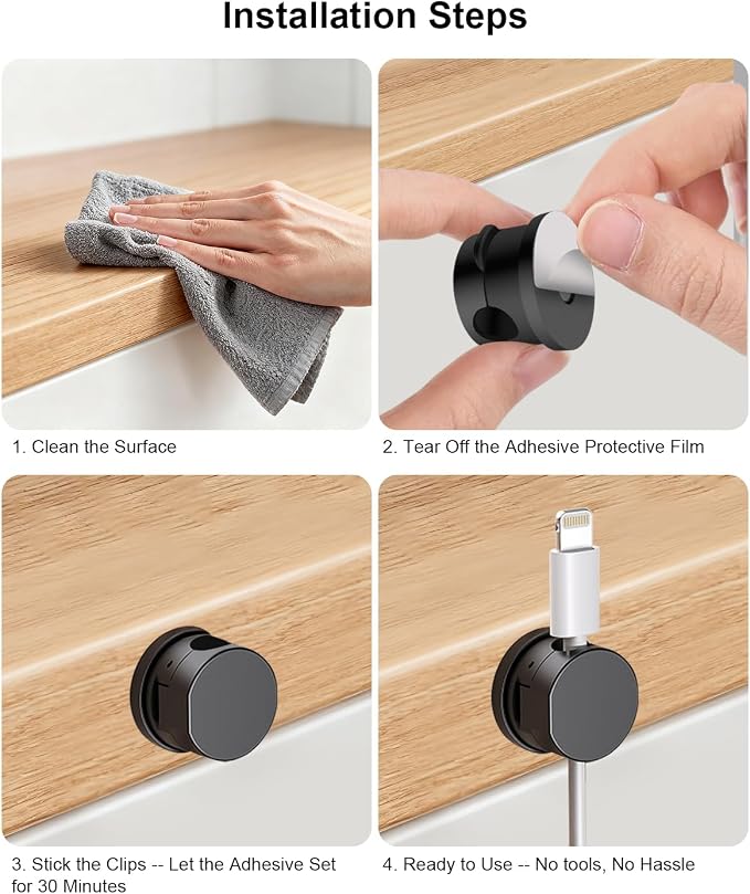 OneLeaf 12 Pack 360° Rotatable Spring Cable Clips[1s Lock], Adhesive Cord Holder for Nightstand, Phone Charger Cord Holder for Desk Home Office Car Game Station