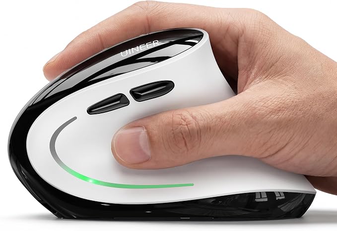 Uineer Ergonomic Wireless Vertical Mouse, Tri-Mode Bluetooth 5.0/4.0 and 2.4G USB, Rechargeable Silent Computer Mouse for Laptop, MacBook, iPad and PC, 4 DPI Levels, LED Light, 3-Device Switching