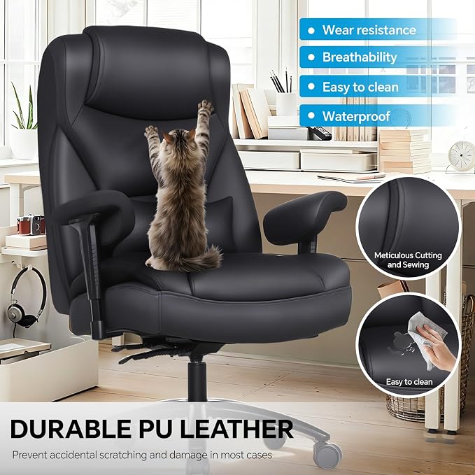 Big and Tall Office Desk Chair with 5-Position Armrests, 650 LBS Heavy Duty Executive Office Chair Comfy, Extra Wide Seat, High Back Computer Chair with Lumbar Support, Reclining Tilt Lock (Black)