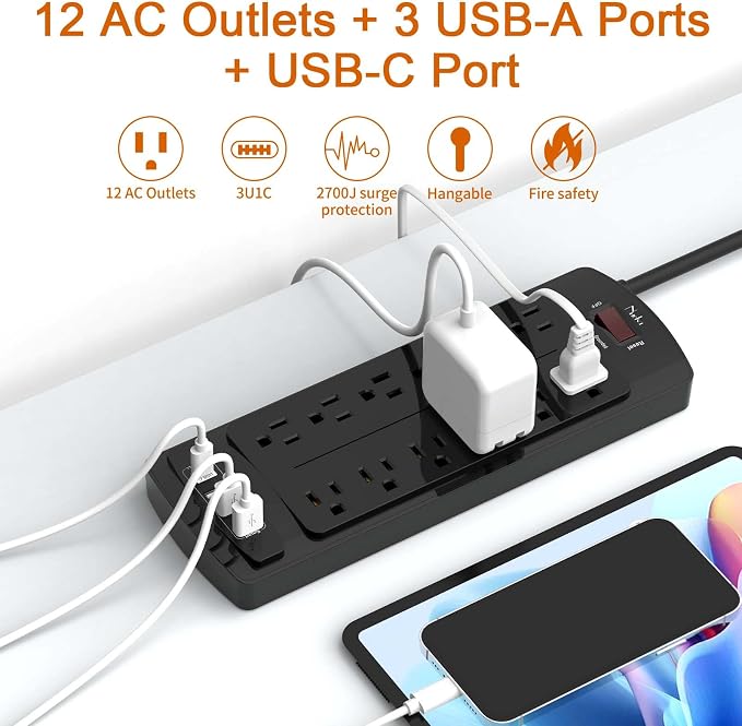 Surge Protector Power Strip, Nuetsa 12 Outlets and 4 USB Ports, 6 Feet Extension Cord for Home, Office, Dorm Essentials, 2700 Joules, ETL Listed, Black