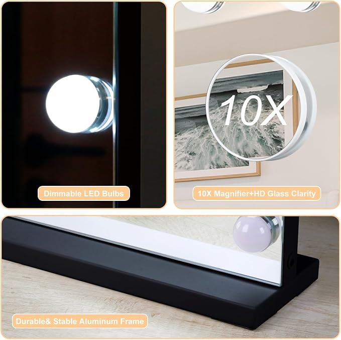 Moonee Vanity Mirror with Lights, Black Hollywood Lighted Makeup Mirror with 15 Dimmable Bulbs and 10X Magnification, 3 Colors Modes, Aluminum Metal Frame, Light Up Mirror for Tabletop/Wall（23" x 18"）