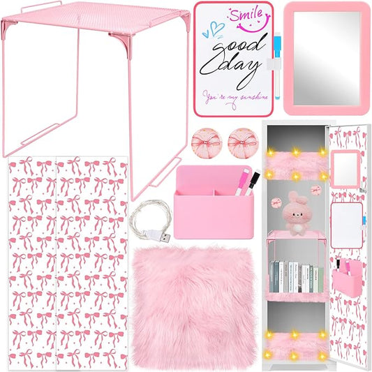 14 PCS Pink Locker Accessories Kit Back to School Locker Decorations Supplies for Girls with Locker Shelf Magnetic Wallpaper Whiteboard Mirror Organizer Markers Rug String Lights and Cute Bow Magnet
