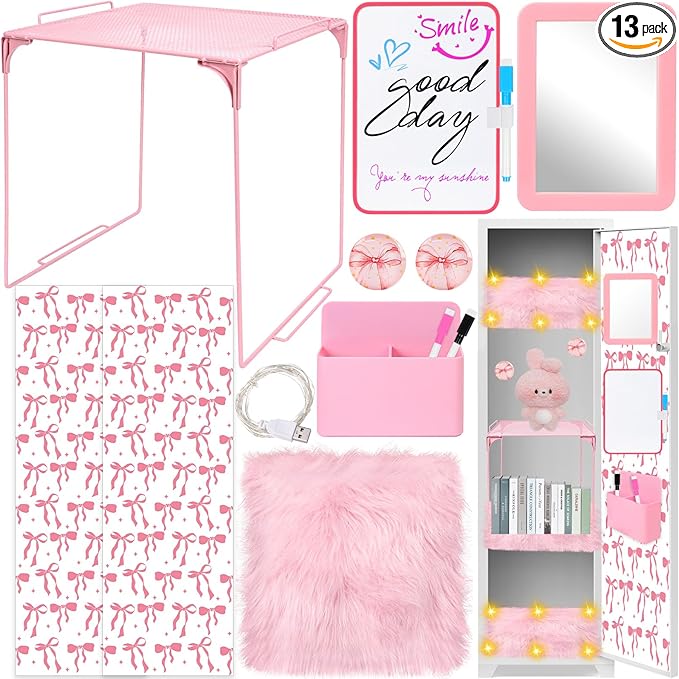 14 PCS Pink Locker Accessories Kit Back to School Locker Decorations Supplies for Girls with Locker Shelf Magnetic Wallpaper Whiteboard Mirror Organizer Markers Rug String Lights and Cute Bow Magnet