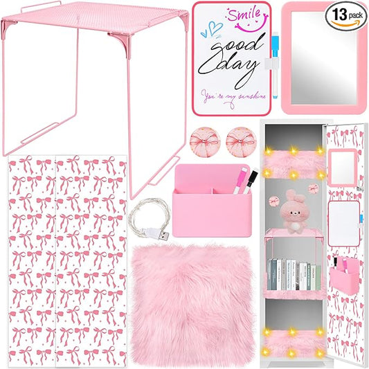 14 PCS Pink Locker Accessories Kit Back to School Locker Decorations Supplies for Girls with Locker Shelf Magnetic Wallpaper Whiteboard Mirror Organizer Markers Rug String Lights and Cute Bow Magnet