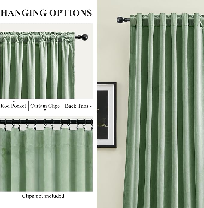 Sage Green Velvet Curtains 96 Inches for Living Room, Super Soft Thermal Insulated Room Darkening Sound Reducing Thick Curtain Privacy Drapes for Office, Back Tab Rod Pocket, W52 x L96, 2 Panels