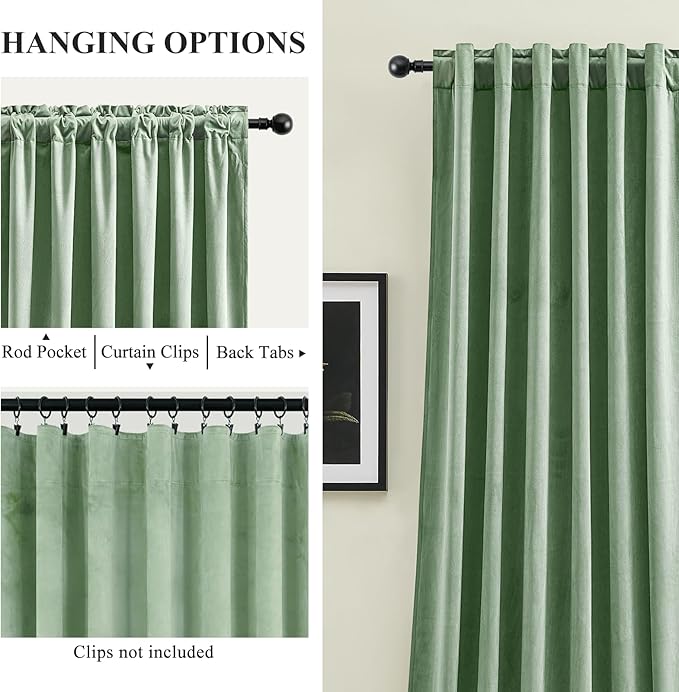 Extra Long Sage Green Velvet Curtains 102 Inches for Living Room, Thermal Insulated Room Darkening Curtain Sound Reducing Privacy Drapes for Office, Back Tab Rod Pocket, W52 x L102, 2 Panels