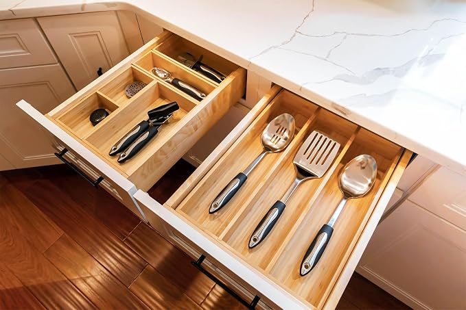 Bamboo Kitchen Utensils Organizer, 13 Inch Drawer Dividers for Silverware, Extra Deep Holder, with Non-Slip Feet, Wood Caddy for Flatware Cutlery