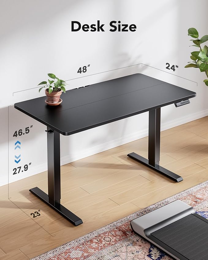 HUANUO 48 x 24 Inch Electric Standing Desk, Height Adjustable Computer Gaming Desk with 4 Memory Presets, Home Office Sit Stand Desk with Hooks & Cable Management, Black